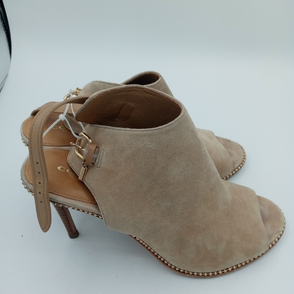 Coach Leather upper mule Stilettos Peep toe golden studded trim heel strap 9.5
